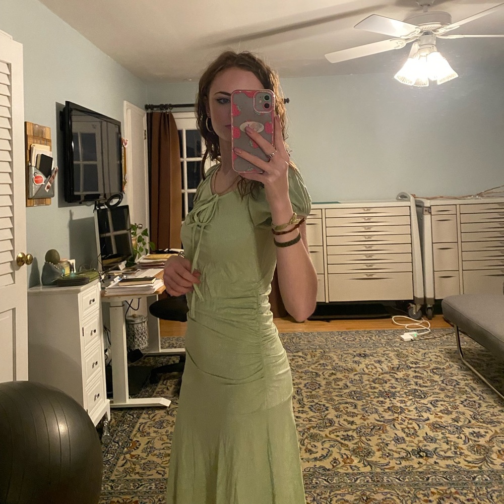 green sparkly genes dress ruched sides